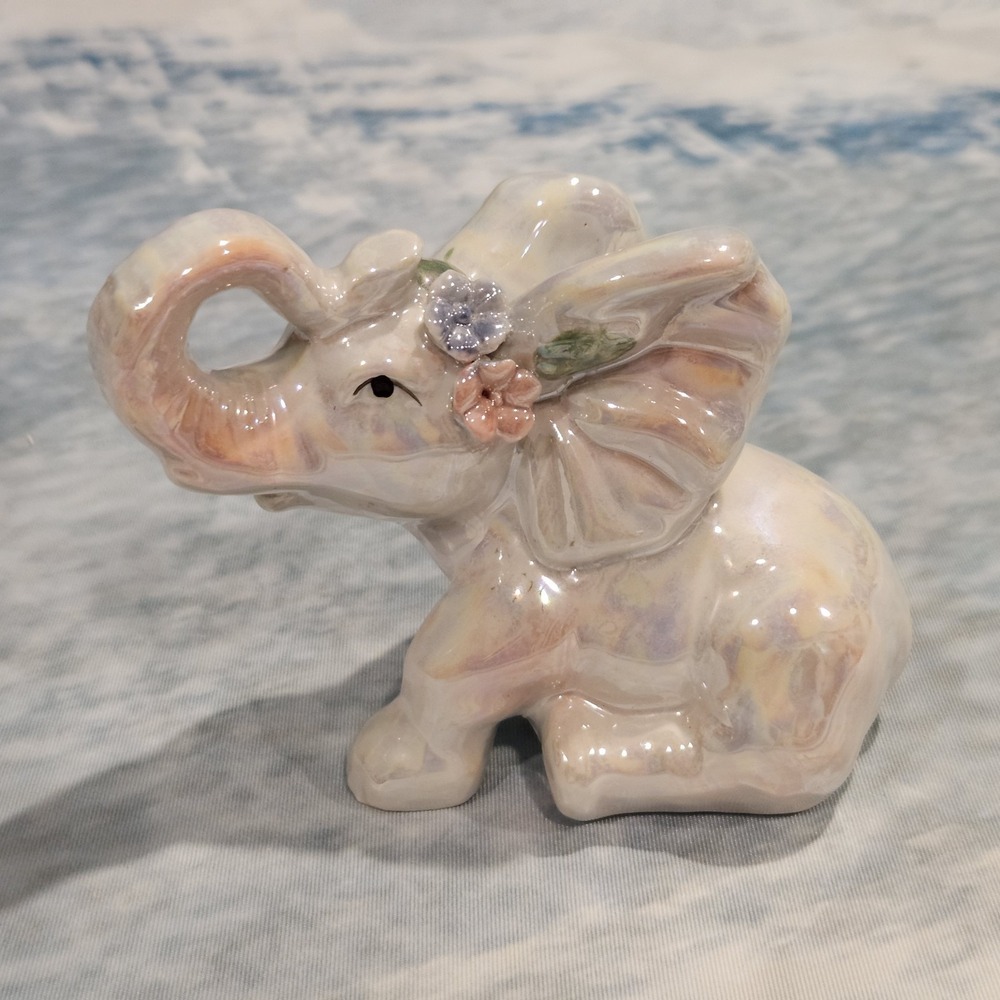 Vintage Iridescent Elephant Figurine 3" Ceramic Pearlescent Floral‎ Decor